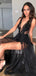 Black Straps V-neck High Slit See Through A-line Long Evening Party Prom Dresses, Dance Dresses 2021,Prom Dresses Stores,12336