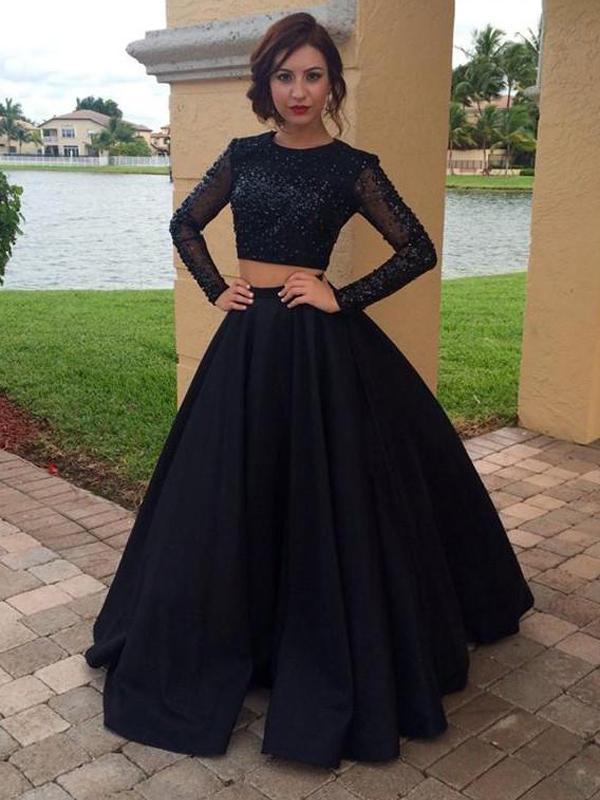 Black Two Pieces Long Sleeves Beaded A-line Long Evening Prom Dresses, 17643