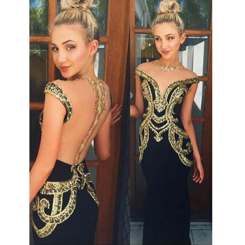 Black Unique See Through Back Gold Rhinestone Cap Sleeve Cheap Long Prom Dresses, WG276