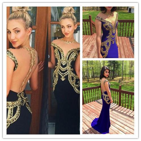 Black Unique See Through Back Gold Rhinestone Cap Sleeve Cheap Long Prom Dresses, WG276