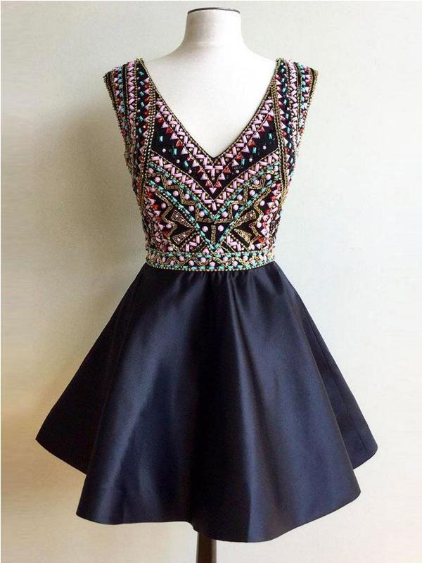 Black V Neck Heavily Beaded Cheap Short Homecoming Dresses Online, CM679