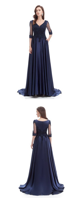 Blue A-line Half Sleeves V-neck Long Prom Dresses Online,Evening Party Dresses,12586