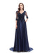 Blue A-line Half Sleeves V-neck Long Prom Dresses Online,Evening Party Dresses,12586