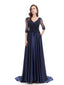Blue A-line Half Sleeves V-neck Long Prom Dresses Online,Evening Party Dresses,12586