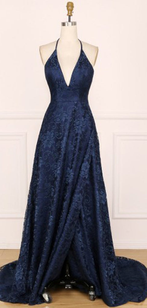 Blue A-line Halter V-neck Backless Long Party Prom Dresses,Cheap Prom Dresses,12357