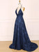 Blue A-line Halter V-neck Backless Long Party Prom Dresses,Cheap Prom Dresses,12357