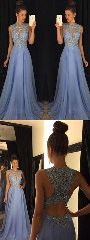 Blue A-line Jewel Sleeveless Long Prom Dresses Online,Dance Dresses,12410