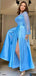 Blue A-line Long Sleeves High Slit Cheap Long Prom Dresses Online,12717