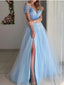 Blue A-line Off Shoulder High Slit Long Prom Dresses,Evening Dresses,12899