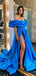 Blue A-line Off Shoulder High Slit Long Prom Dresses Online, Dance Dresses,12432