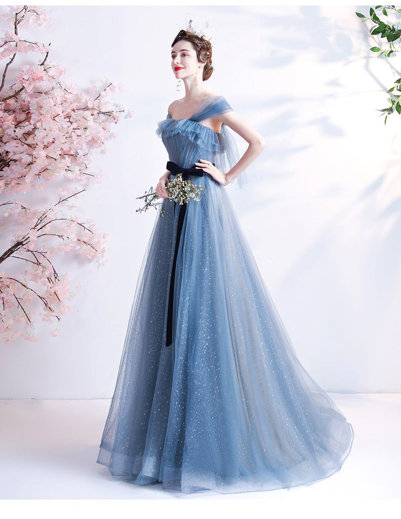 Blue A-line Off Shoulder Long Party Prom Dresses, Cheap Dance Dresses,12351
