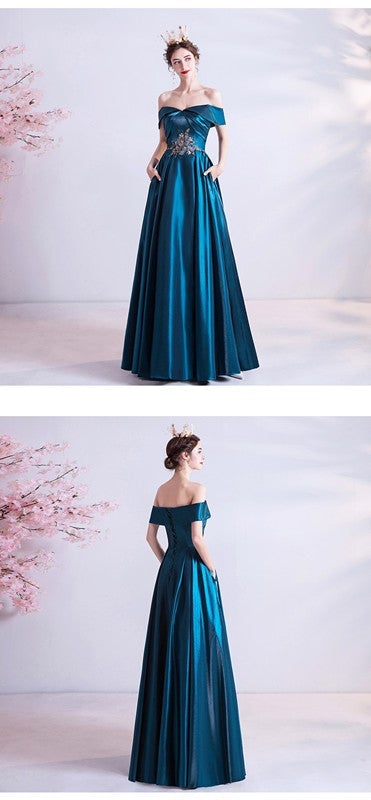 Blue A-line Off Shoulder Long Prom Dresses Online, Evening Party Dresses,12562