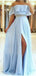 Blue A-line Off Shoulder Side Slit Cheap Long Prom Dresses Online,12459