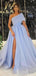 Blue A-line One Shoulder High Slit Cheap Long Prom Dresses Online,12385