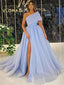 Blue A-line One Shoulder High Slit Cheap Long Prom Dresses Online,12385
