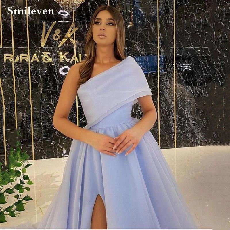 Blue A-line One Shoulder High Slit Cheap Long Prom Dresses Online,12385