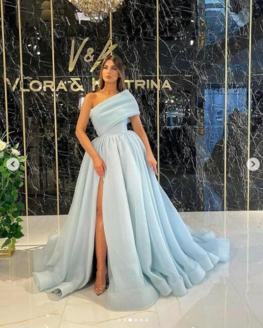Blue A-line One Shoulder High Slit Cheap Long Prom Dresses Online,12385