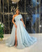 Blue A-line One Shoulder High Slit Cheap Long Prom Dresses Online,12385