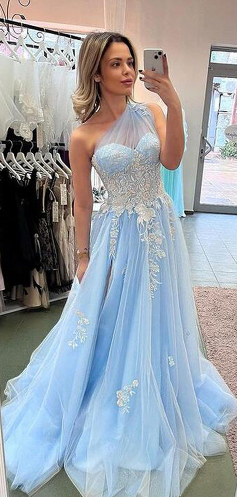 Blue A-line One Shoulder Maxi Long Prom Dresses,Evening Dresses,12983