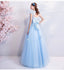 Blue A-line Short Sleeves Jewel Long Prom Dresses Online, Dance Dresses,12608