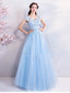 Blue A-line Short Sleeves Jewel Long Prom Dresses Online, Dance Dresses,12608