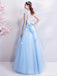 Blue A-line Short Sleeves Jewel Long Prom Dresses Online, Dance Dresses,12608