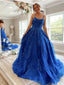 Blue A-line Spaghetti Straps Backless Long Prom Dresses Online,12546