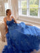 Blue A-line Spaghetti Straps Backless Long Prom Dresses Online,12546