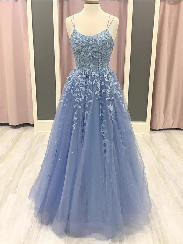 Blue A-line Spaghetti Straps Long Prom Dresses Online, Dance Dresses,12553