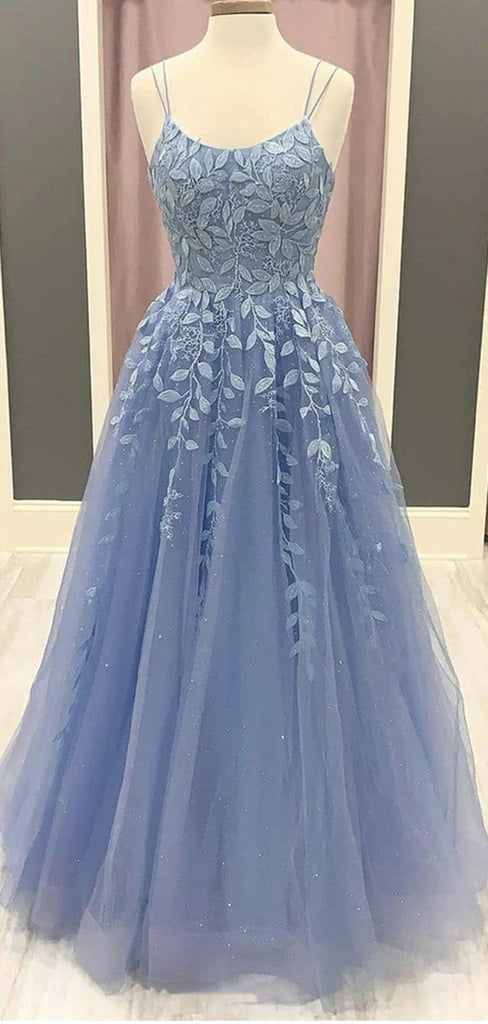 Blue A-line Spaghetti Straps Long Prom Dresses Online, Dance Dresses,12553