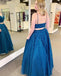 Blue A-line Spaghetti Straps V-neck Two Pieces Long Prom Dresses Online,12556