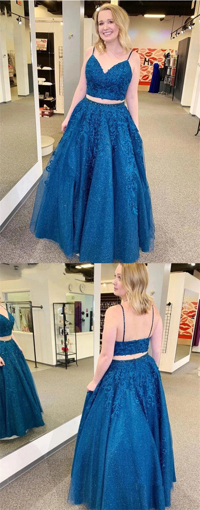 Blue A-line Spaghetti Straps V-neck Two Pieces Long Prom Dresses Online,12556