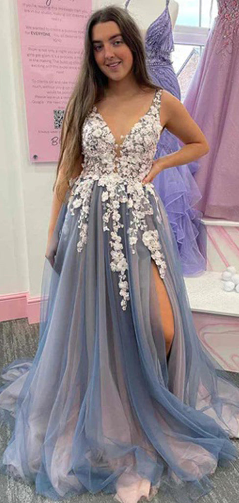 Blue A-line V-neck High Slit Sleeveless Long Prom Dresses Online,12872