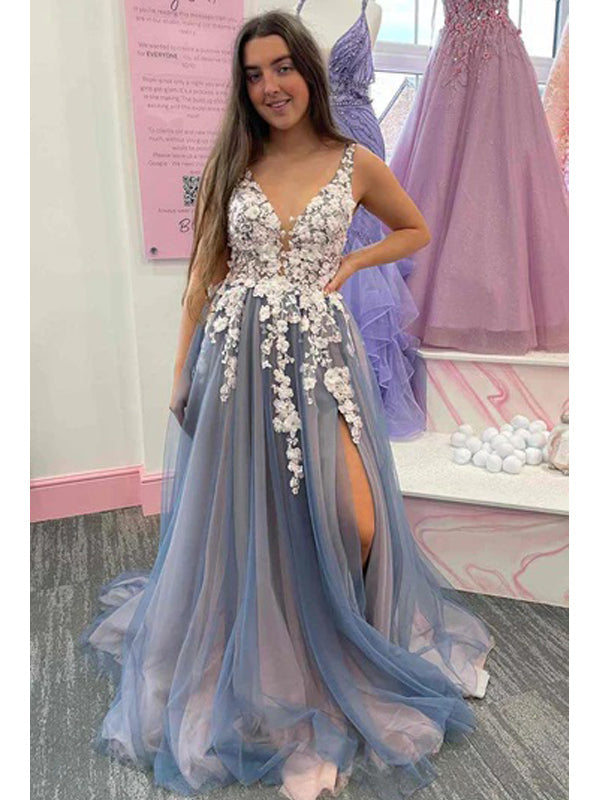 Blue A-line V-neck High Slit Sleeveless Long Prom Dresses Online,12872