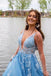 Blue A-line V-neck See Through Long Prom Dresses Online, Dance Dresses,12531