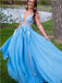 Blue A-line V-neck See Through Long Prom Dresses Online, Dance Dresses,12531