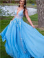 Blue A-line V-neck See Through Long Prom Dresses Online, Dance Dresses,12531