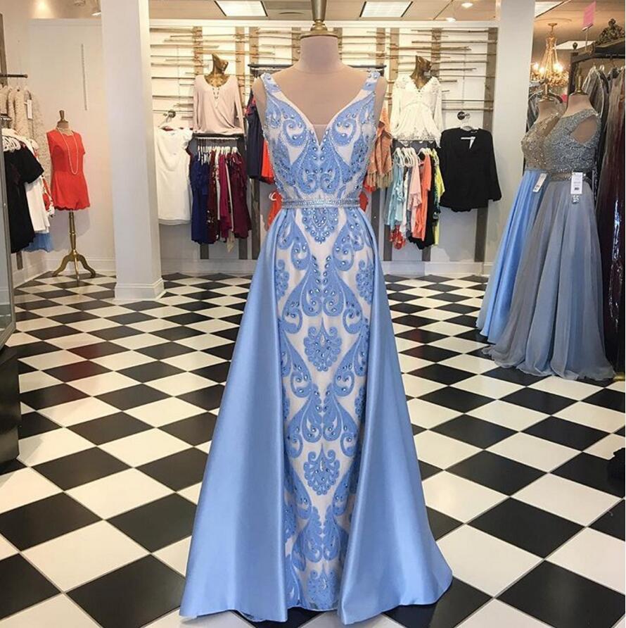 Blue Embroidery Lace Mermaid Long Evening Prom Dresses, Popular Cheap Long Party Prom Dresses, 17293
