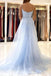 Blue Lace Mermaid Spaghetti Straps V-neck Long Prom Dresses Online,12475