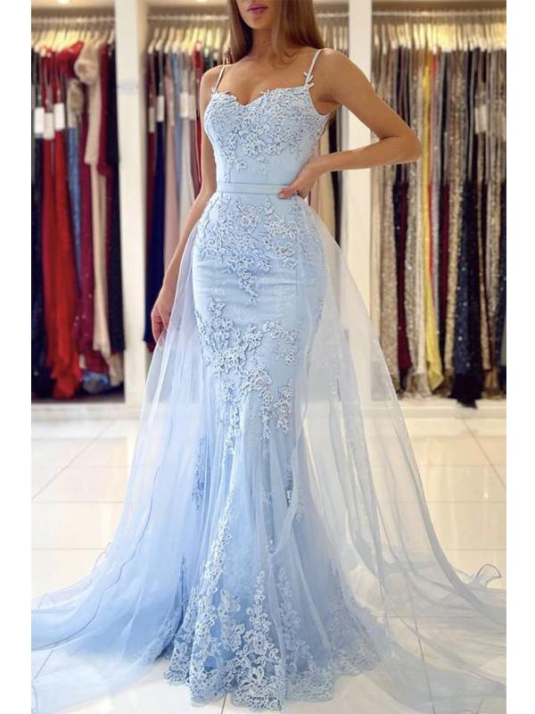 Blue Lace Mermaid Spaghetti Straps V-neck Long Prom Dresses Online,12475