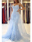 Blue Lace Mermaid Spaghetti Straps V-neck Long Prom Dresses Online,12475