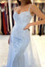 Blue Lace Mermaid Spaghetti Straps V-neck Long Prom Dresses Online,12475