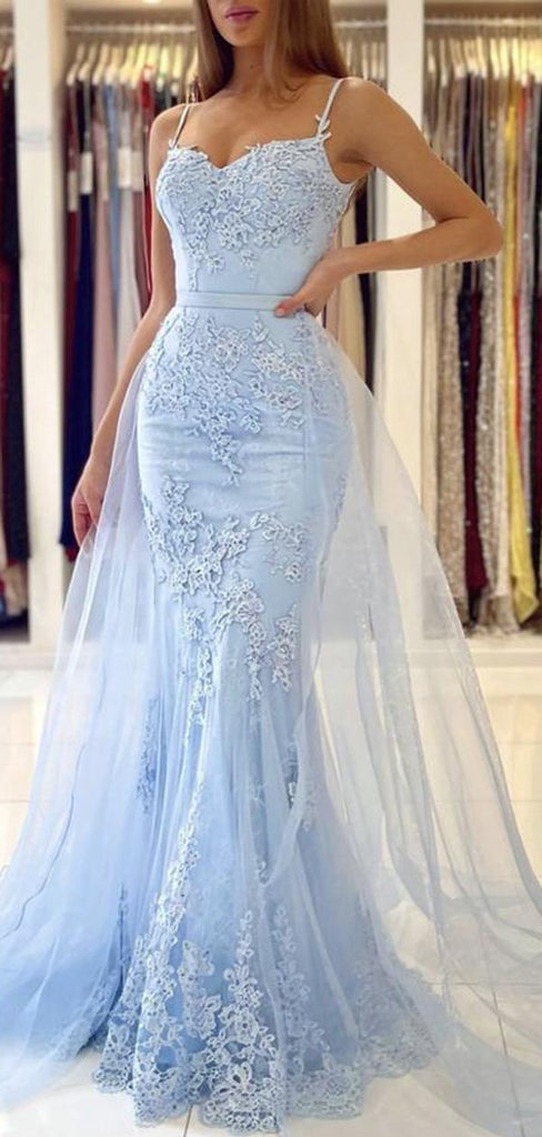 Blue Lace Mermaid Spaghetti Straps V-neck Long Prom Dresses Online,12475