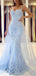 Blue Lace Mermaid Spaghetti Straps V-neck Long Prom Dresses Online,12475