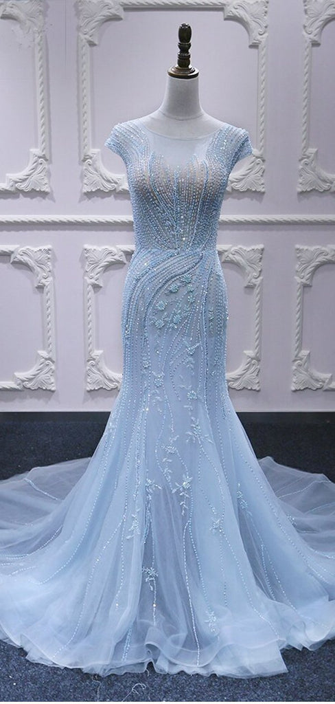 Blue Mermaid Cap Sleeves Beading Long Lace Applique Party Prom Dresses Online,12369