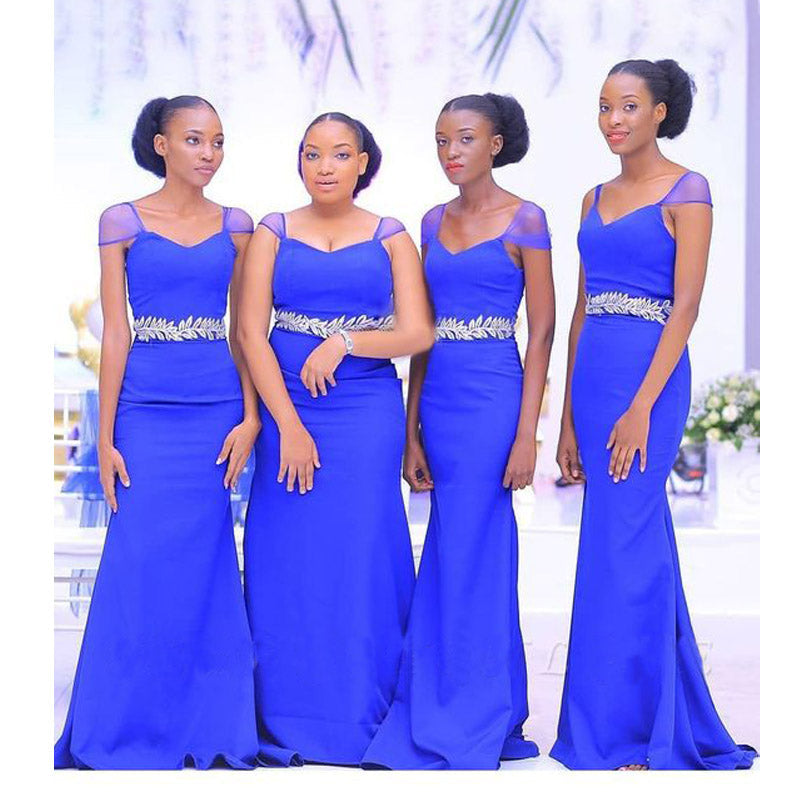 Blue Mermaid Cap Sleeves Cheap Long Bridesmaid Dresses,WG1232