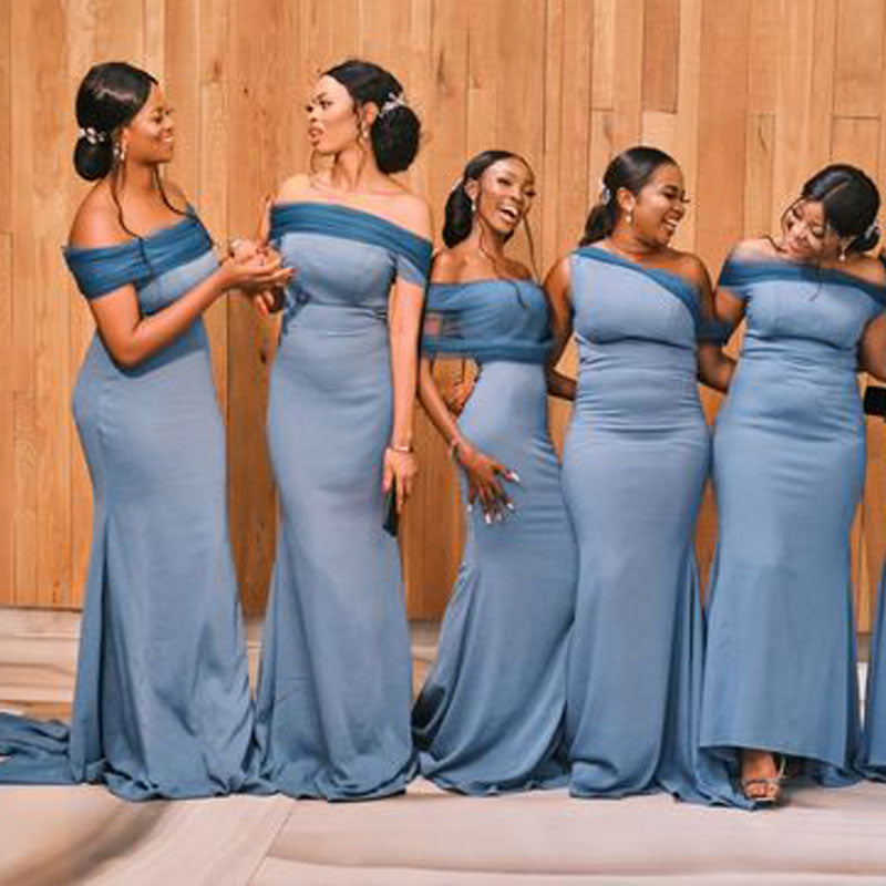 Blue Mermaid Off Shoulder Cheap Long Bridesmaid Dresses,WG1214