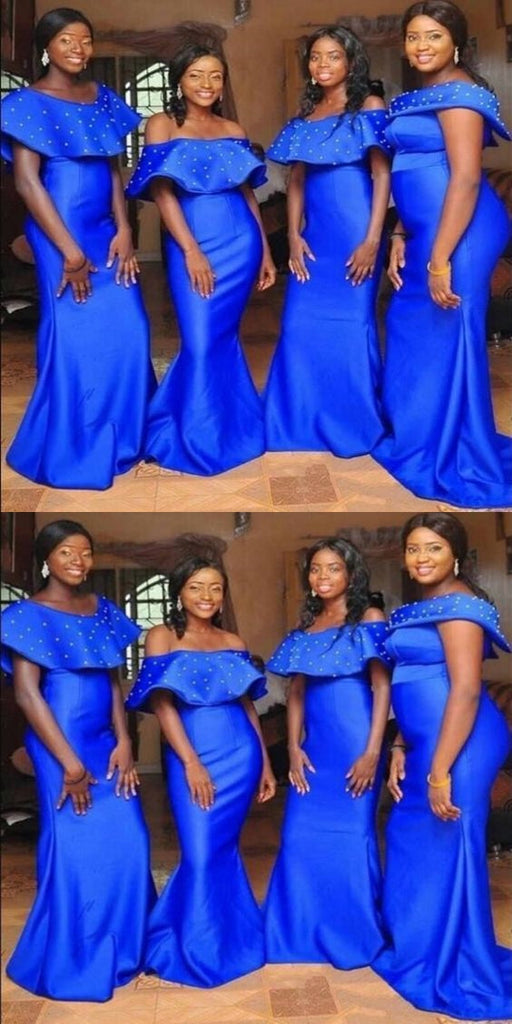 Blue Mermaid Off Shoulder Cheap Long Bridesmaid Dresses,WG1303