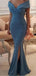 Blue Mermaid Off Shoulder V-neck Side Slit Long Prom Dresses Online,12460