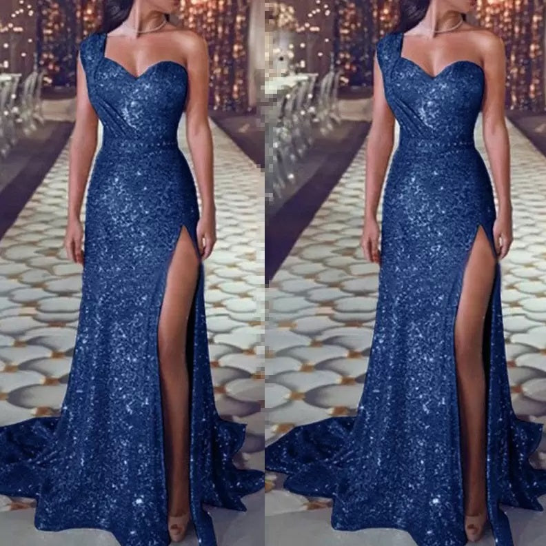 Blue Mermaid One Shoulder High Slit Cheap Long Prom Dresses,12779